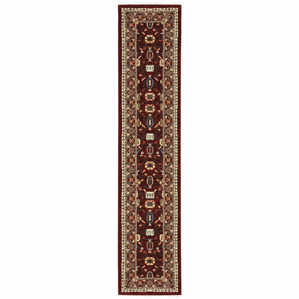 12' Red And Ivory Genuine Wool Oriental Runner Rug With Fringe - Home & Garden