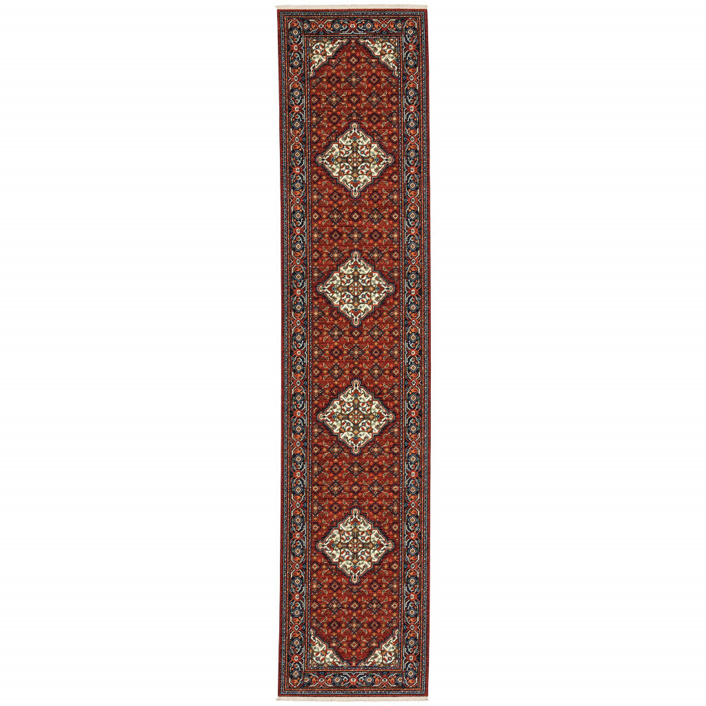 12' Blue And Red Genuine Wool Oriental Runner Rug With Fringe - Home & Garden