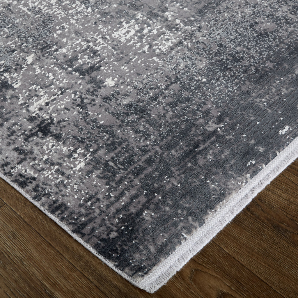 10' X 13' Gray Black And Silver Abstract Power Loom Distressed Area Rug With Fringe - Home & Garden