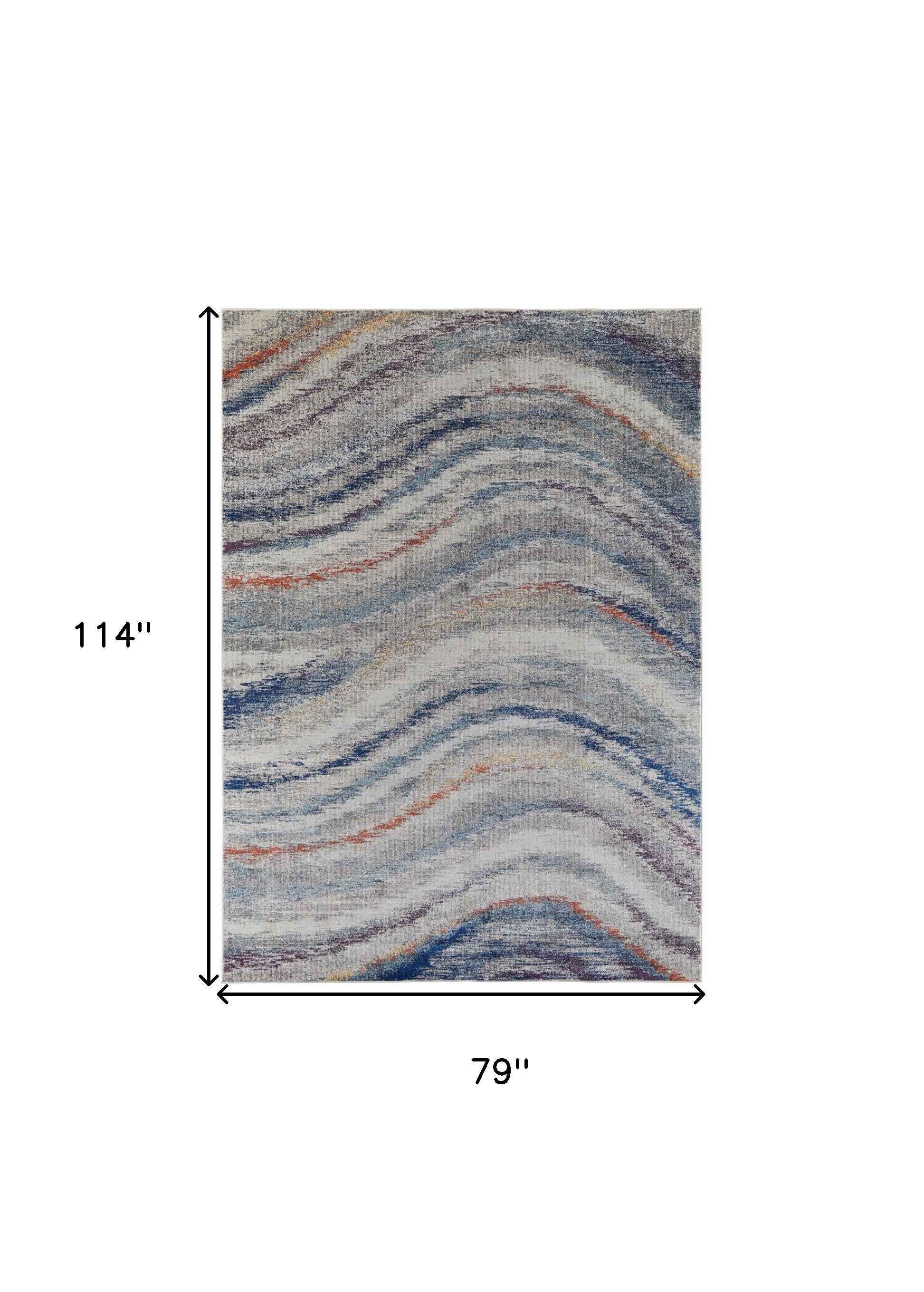 7' X 10' Blue Gray And Orange Abstract Power Loom Stain Resistant Area Rug