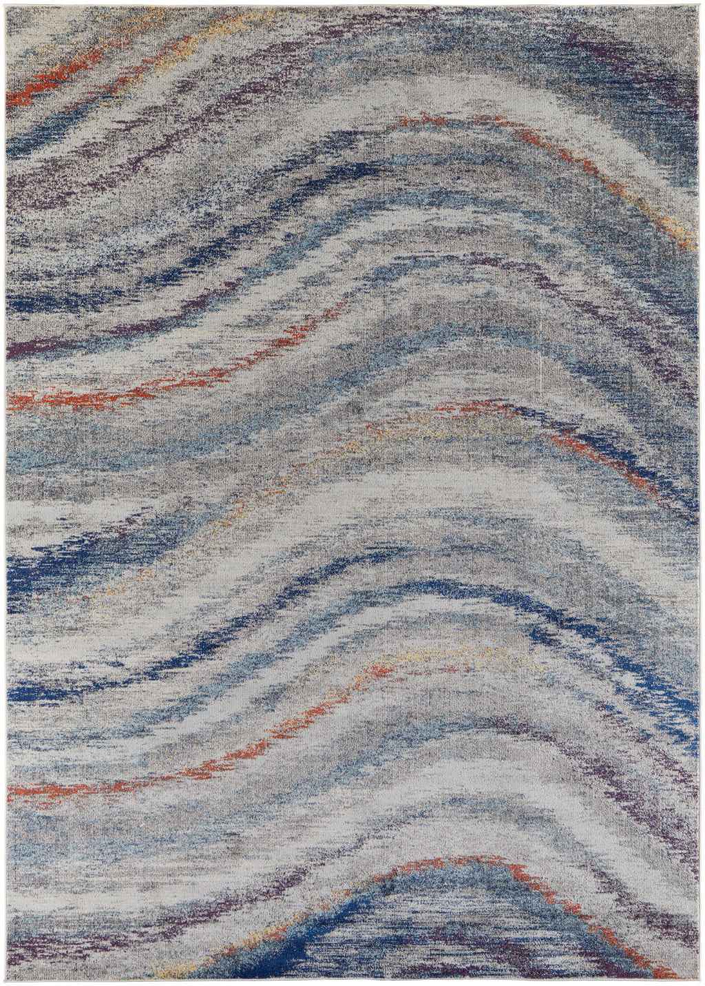 7' X 10' Blue Gray And Orange Abstract Power Loom Stain Resistant Area Rug