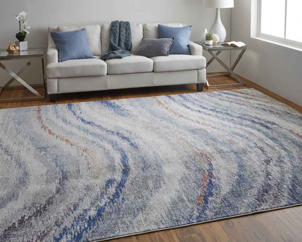 7' X 10' Blue Gray And Orange Abstract Power Loom Stain Resistant Area Rug