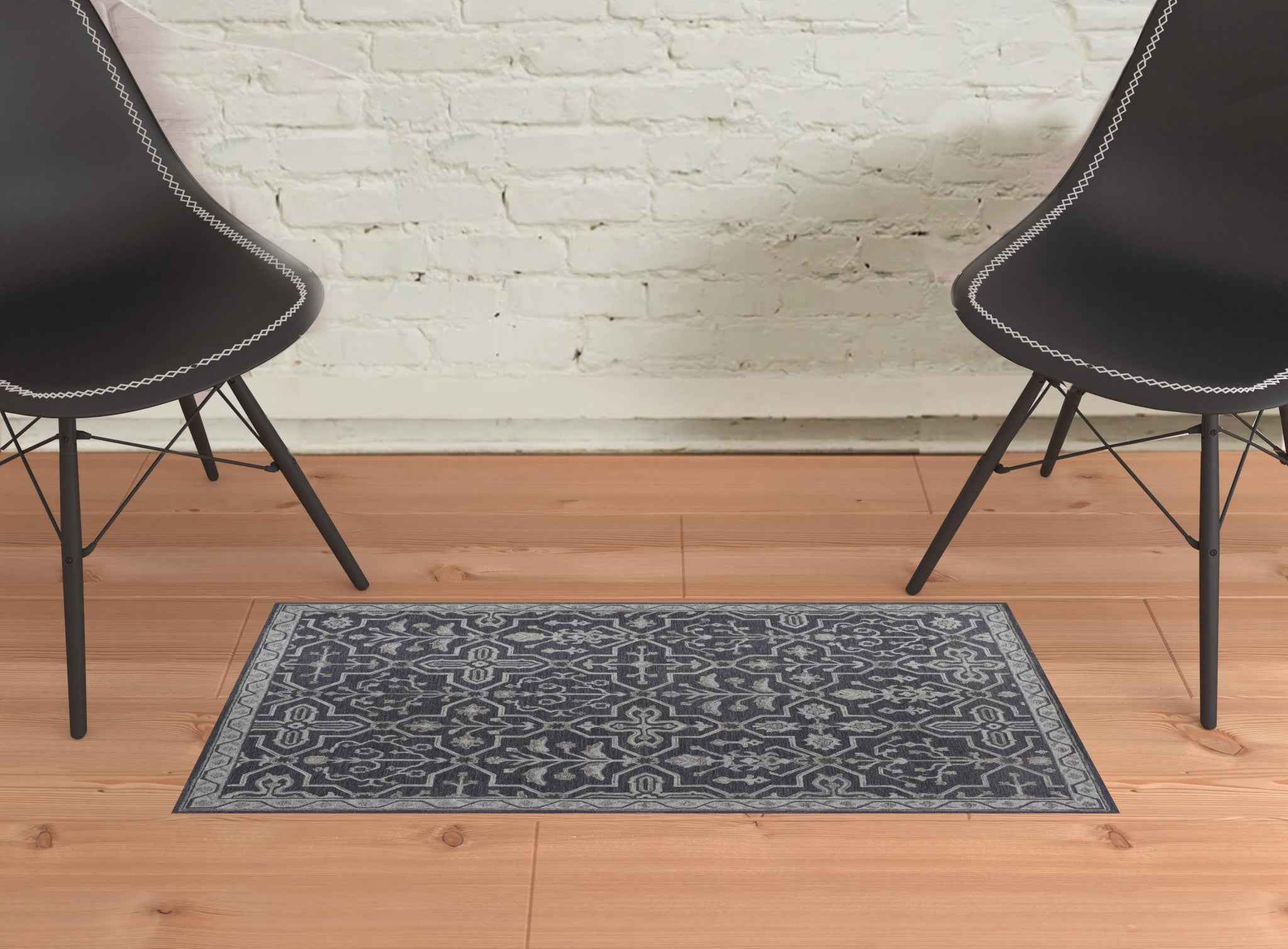 2' X 3' Blue And Gray Wool Floral Tufted Handmade Stain Resistant Area Rug