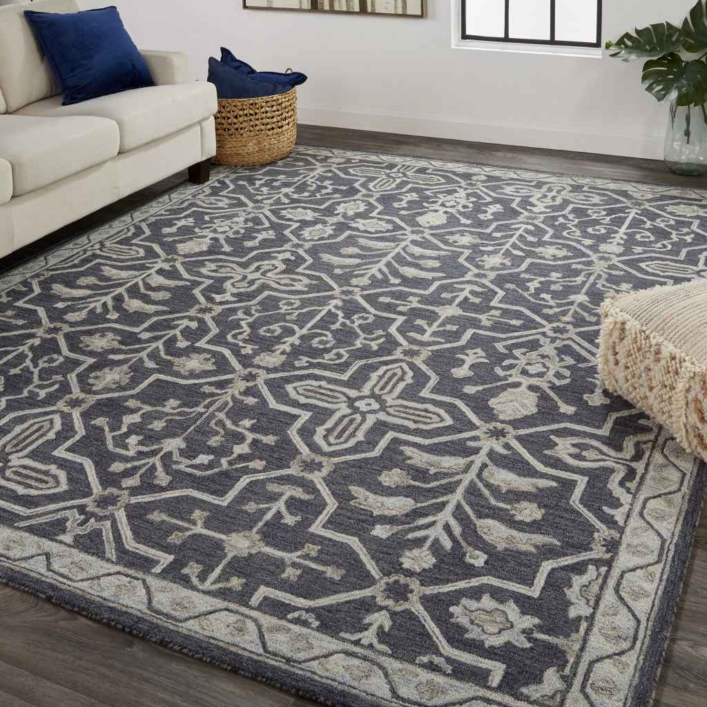 2' X 3' Blue And Gray Wool Floral Tufted Handmade Stain Resistant Area Rug