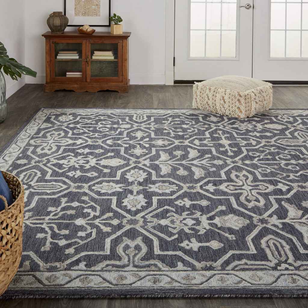 2' X 3' Blue And Gray Wool Floral Tufted Handmade Stain Resistant Area Rug