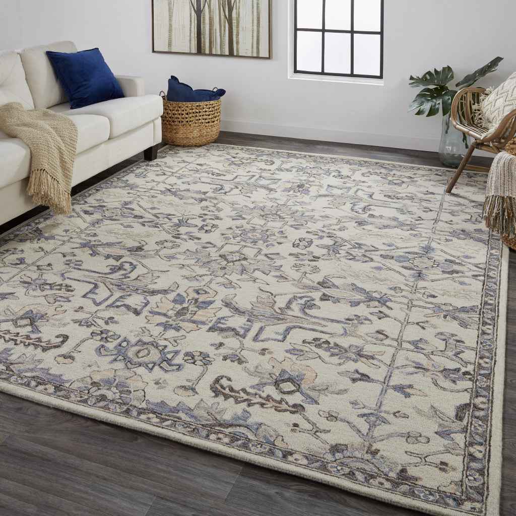 10' X 14' Ivory And Gray Wool Floral Tufted Handmade Stain Resistant Area Rug