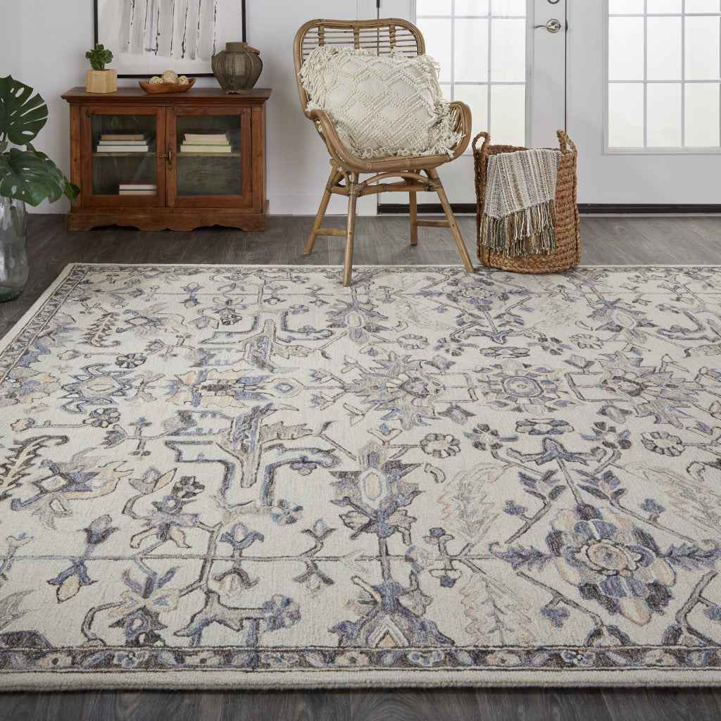 10' X 14' Ivory And Gray Wool Floral Tufted Handmade Stain Resistant Area Rug