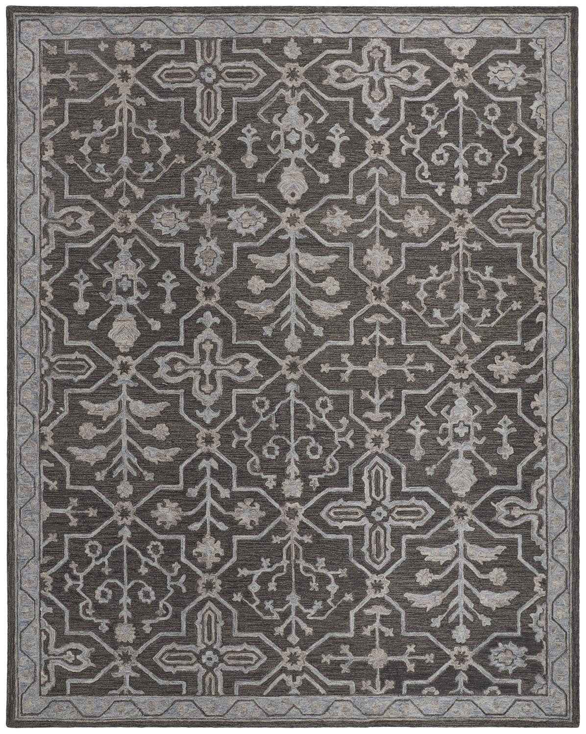 9' X 12' Gray Blue And Ivory Wool Floral Tufted Handmade Stain Resistant Area Rug