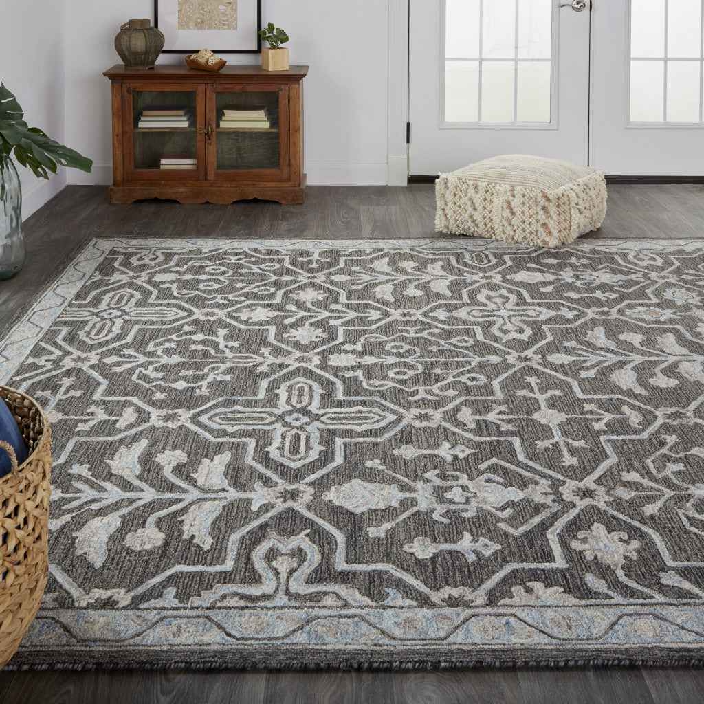 9' X 12' Gray Blue And Ivory Wool Floral Tufted Handmade Stain Resistant Area Rug