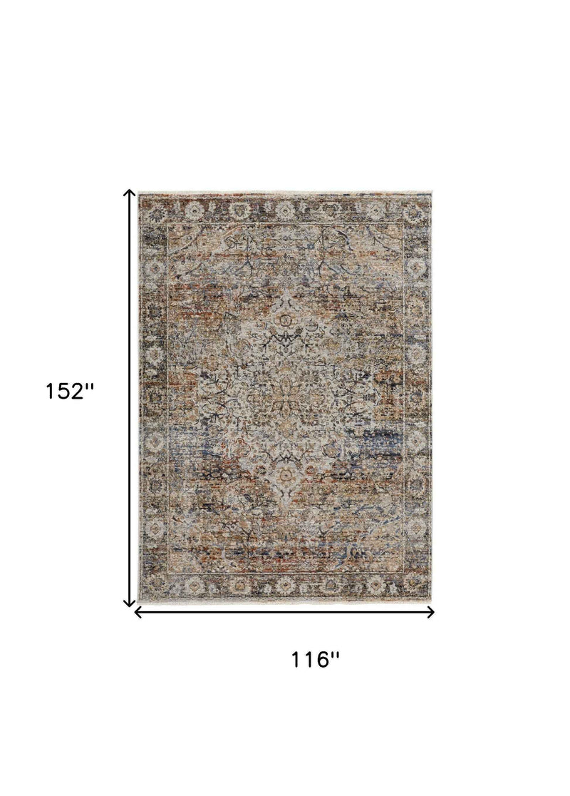 10' X 13' Tan Orange And Blue Floral Power Loom Distressed Area Rug With Fringe