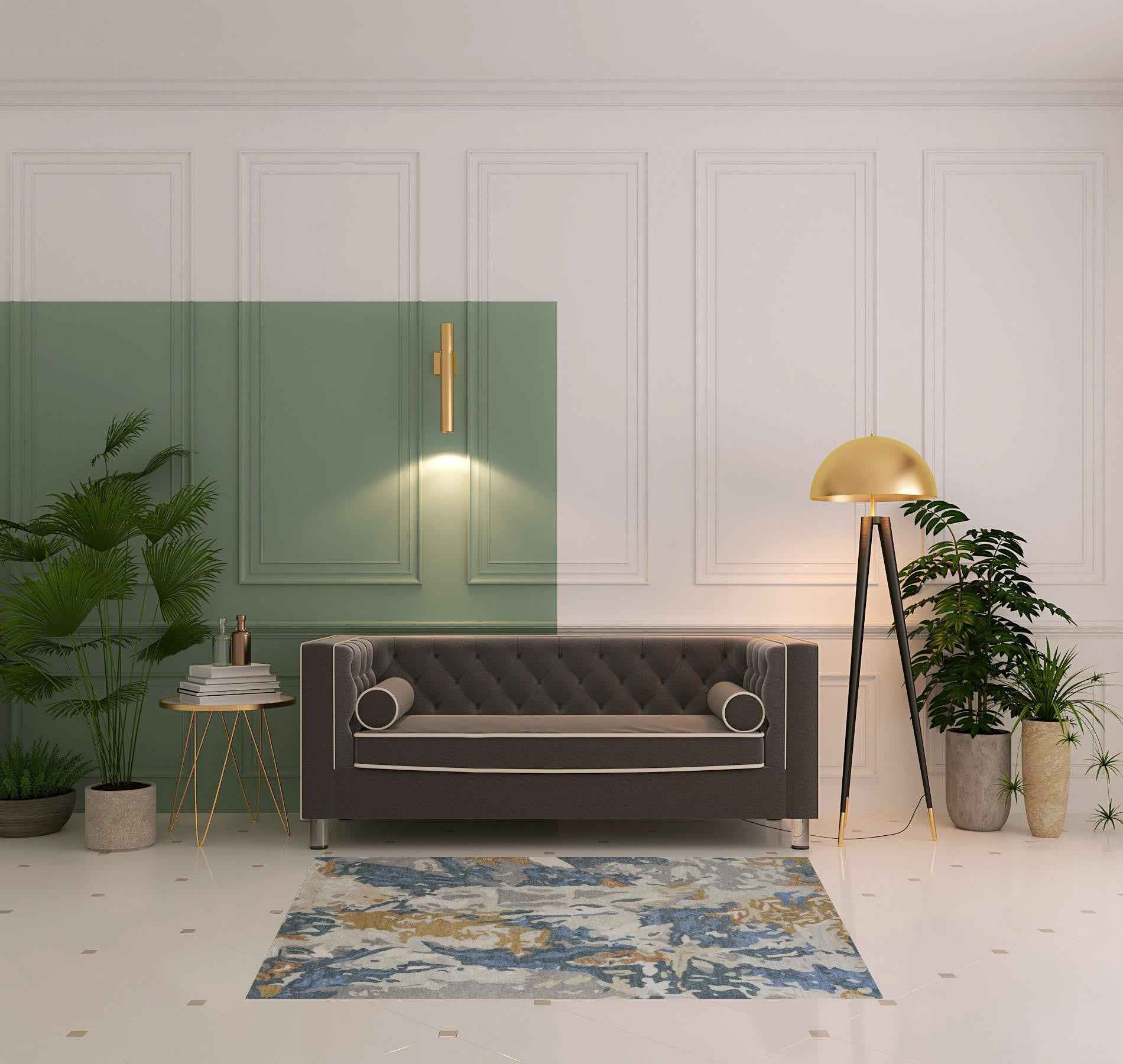 4' X 6' Gray Blue And Gold Wool Abstract Tufted Handmade Stain Resistant Area Rug