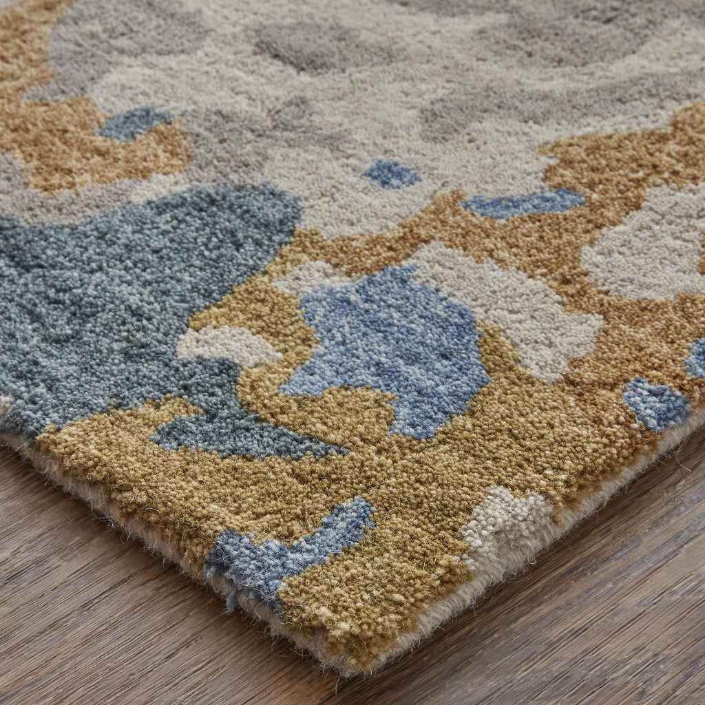 4' X 6' Gray Blue And Gold Wool Abstract Tufted Handmade Stain Resistant Area Rug