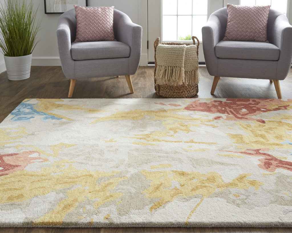 5' X 8' Ivory Yellow And Blue Wool Abstract Tufted Handmade Stain Resistant Area Rug