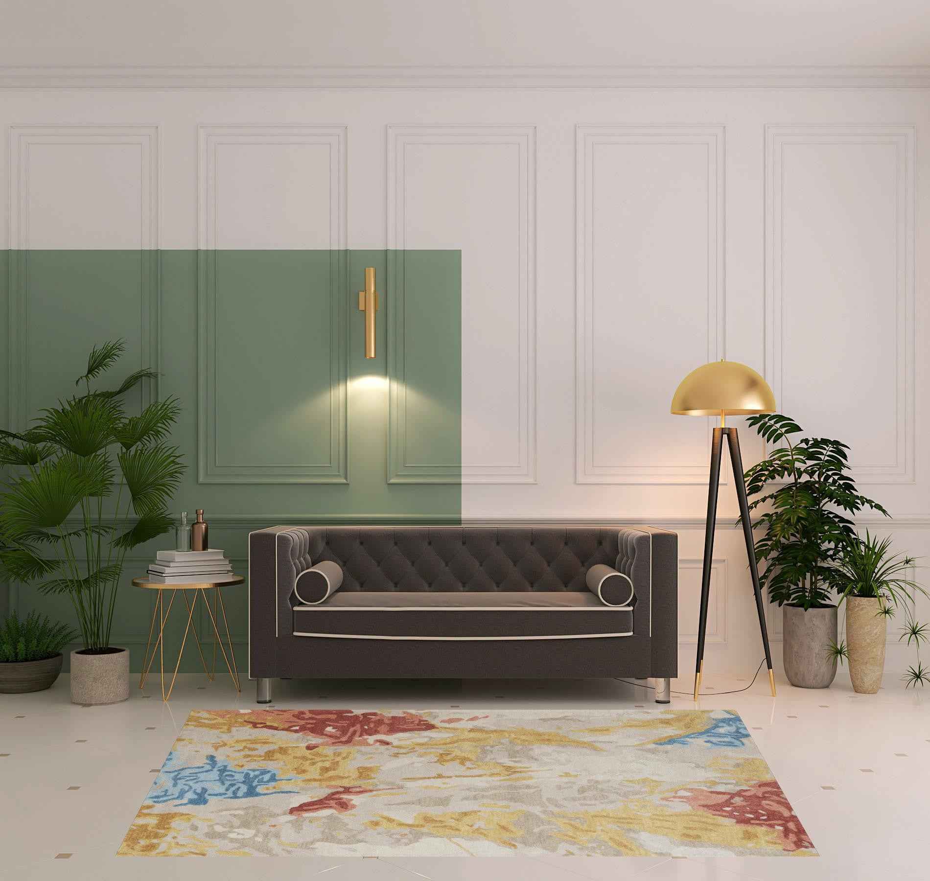 5' X 8' Ivory Yellow And Blue Wool Abstract Tufted Handmade Stain Resistant Area Rug