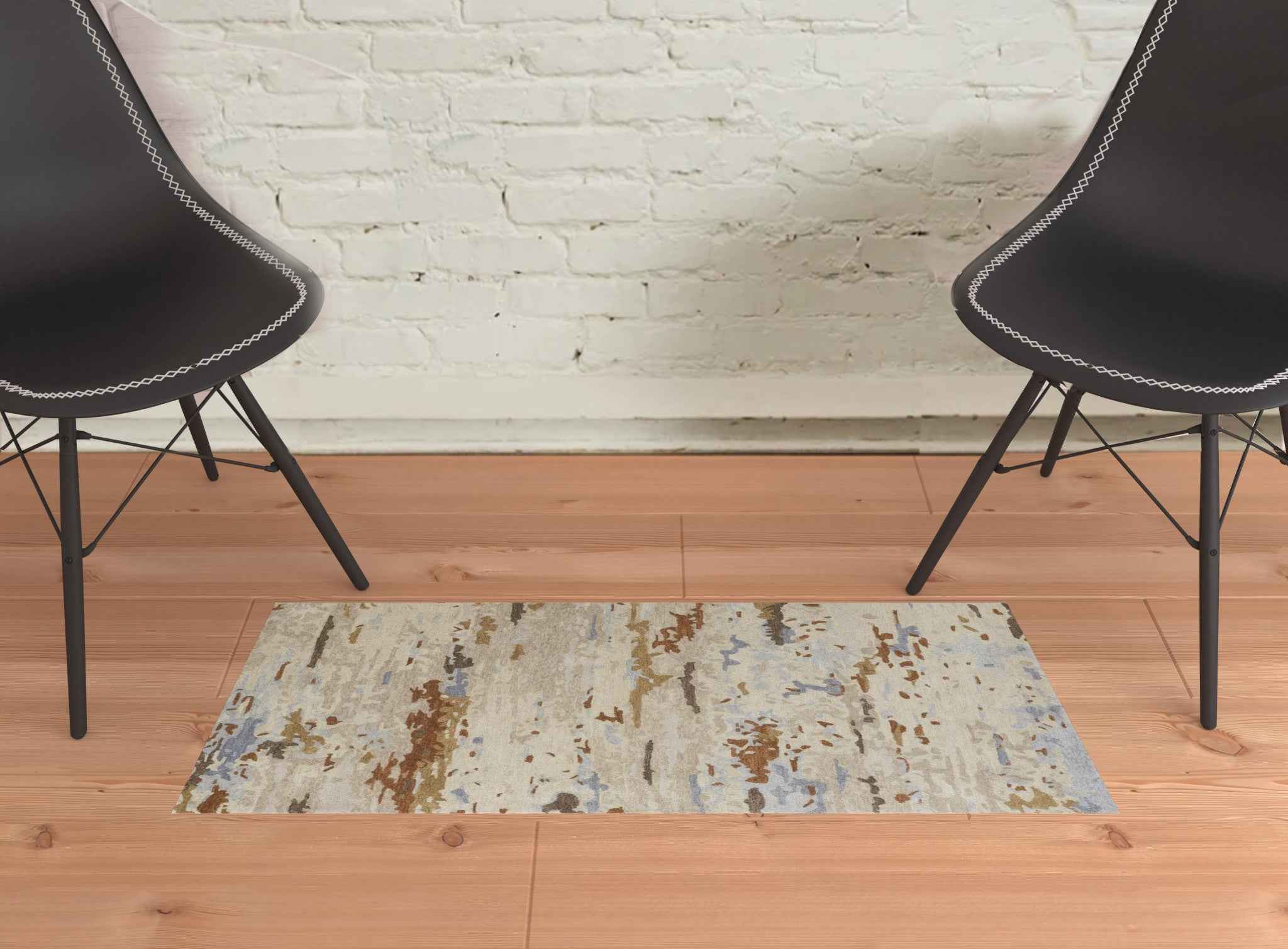 2' X 3' Ivory Blue And Brown Wool Abstract Tufted Handmade Stain Resistant Area Rug