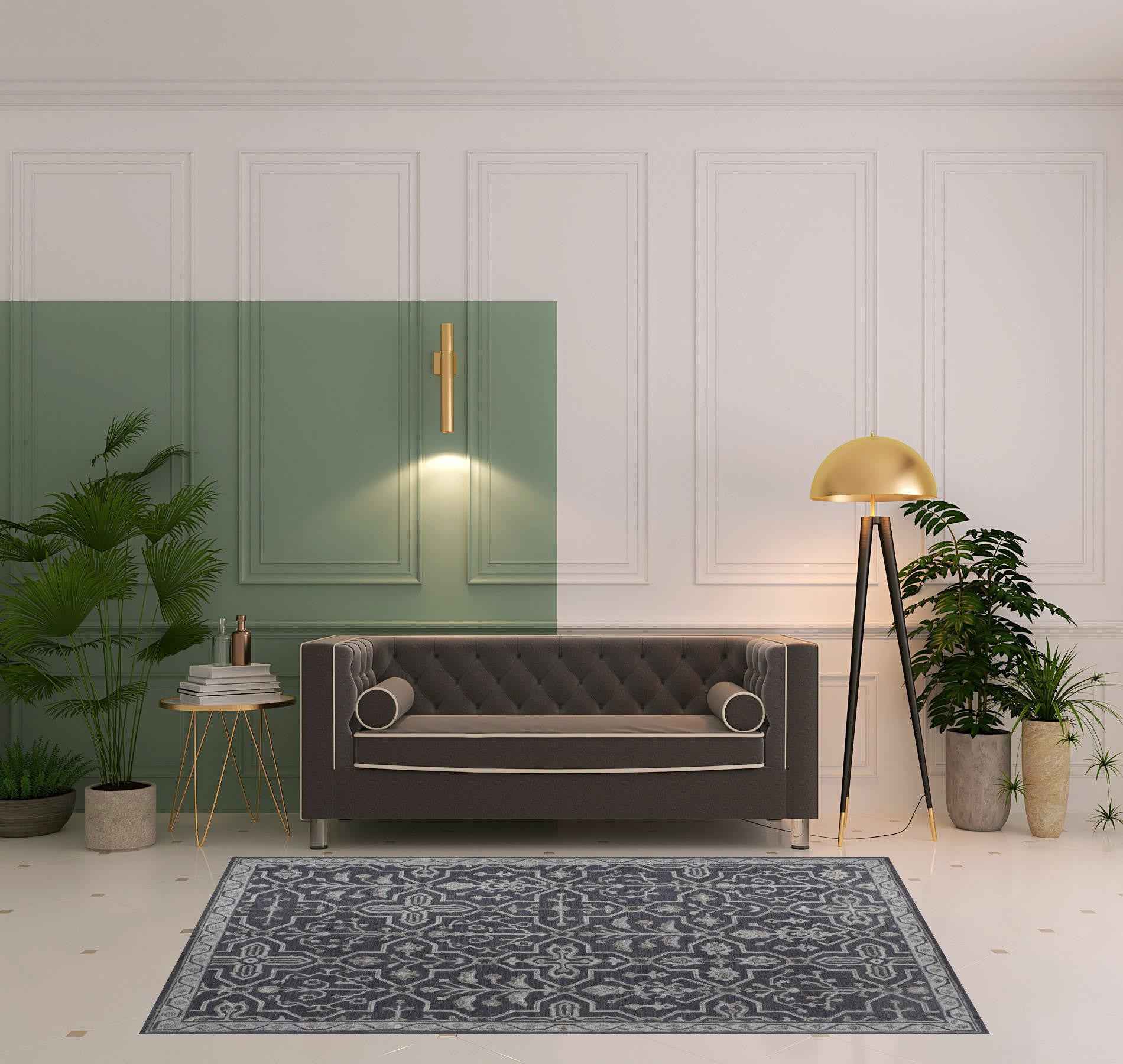 5' X 8' Blue And Gray Wool Floral Tufted Handmade Stain Resistant Area Rug