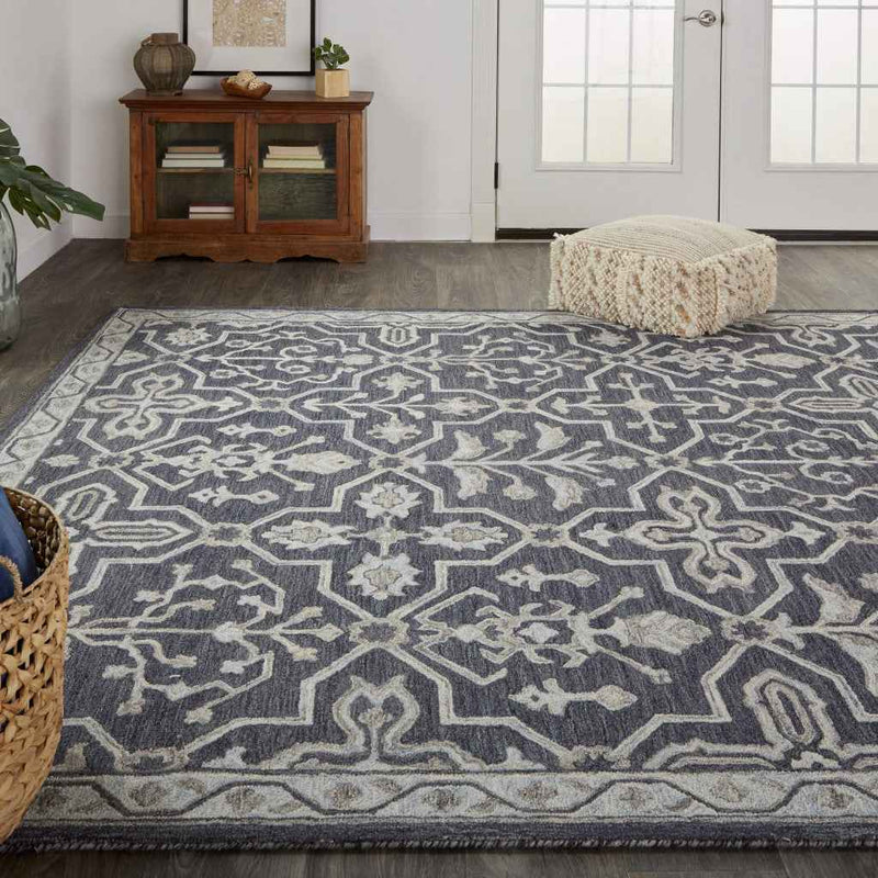 5' X 8' Blue And Gray Wool Floral Tufted Handmade Stain Resistant Area Rug