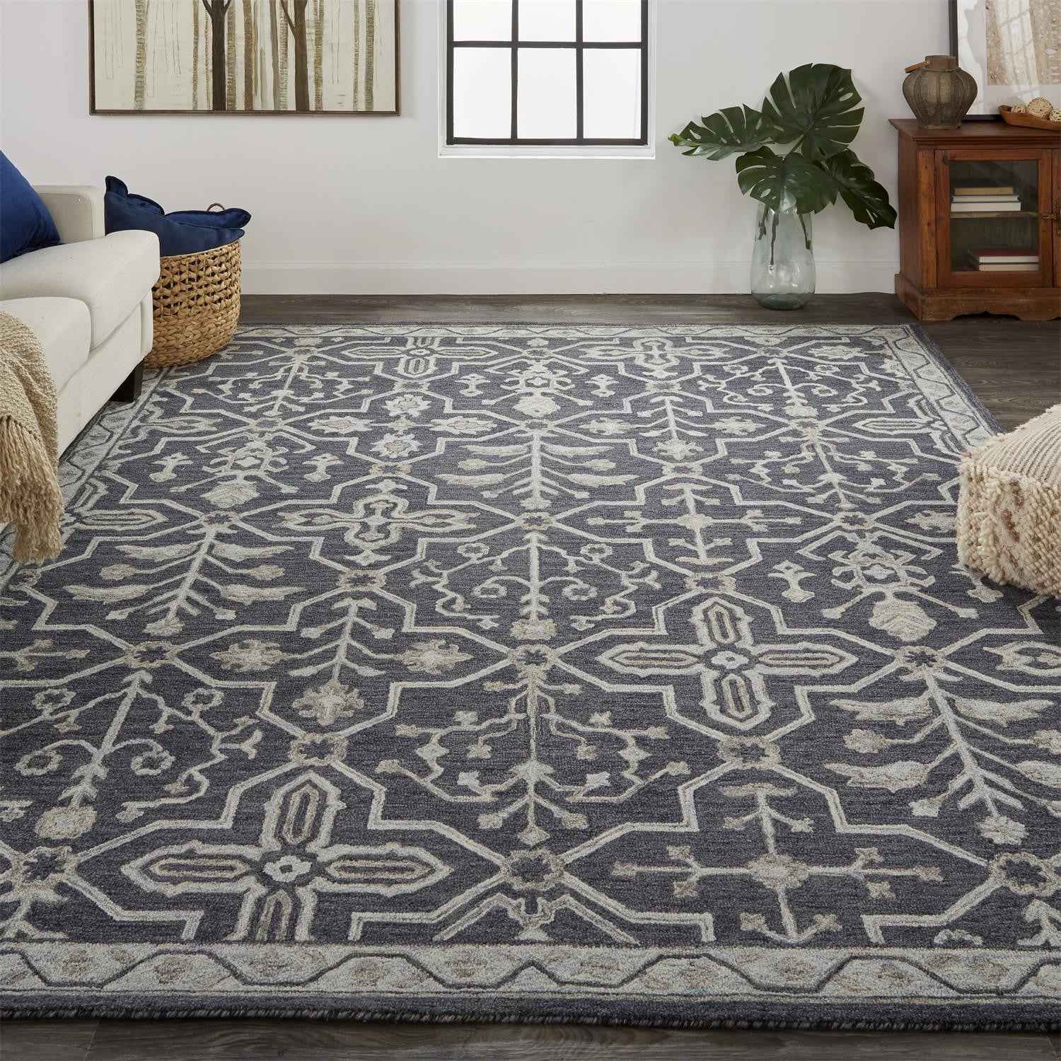 5' X 8' Blue And Gray Wool Floral Tufted Handmade Stain Resistant Area Rug