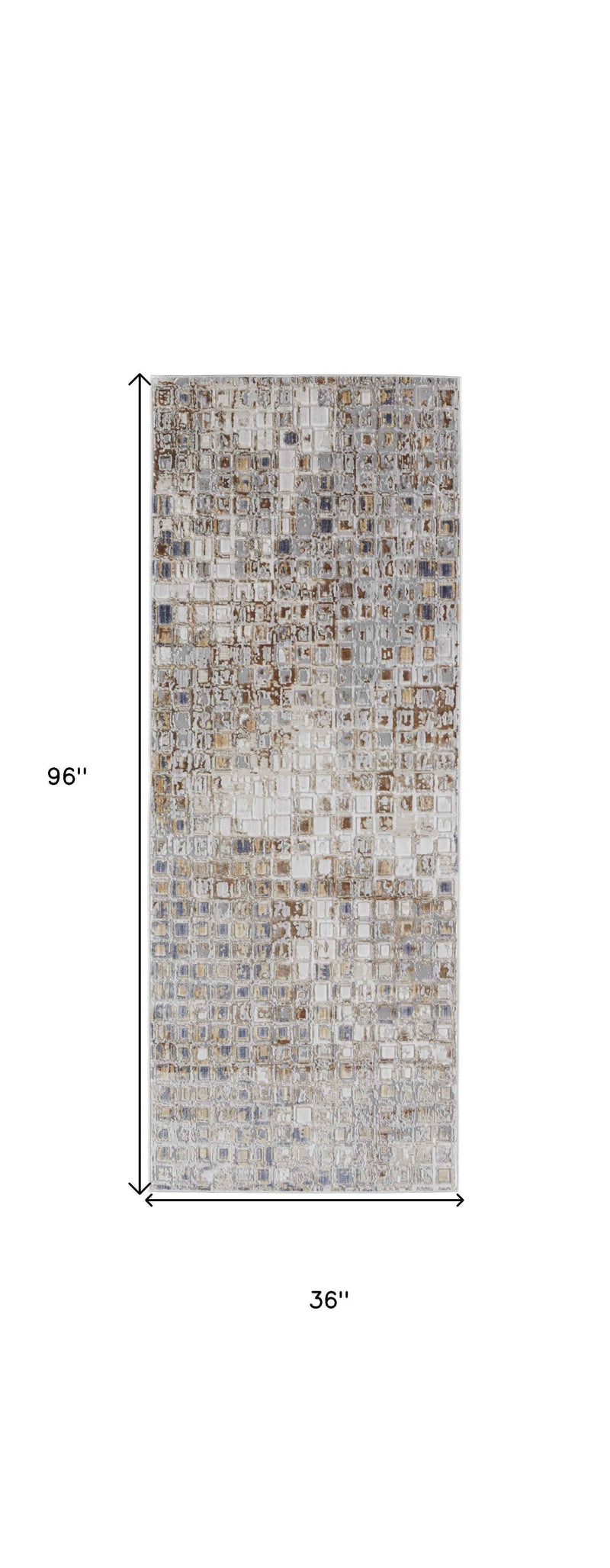 8' Tan Ivory And Blue Geometric Power Loom Distressed Runner Rug
