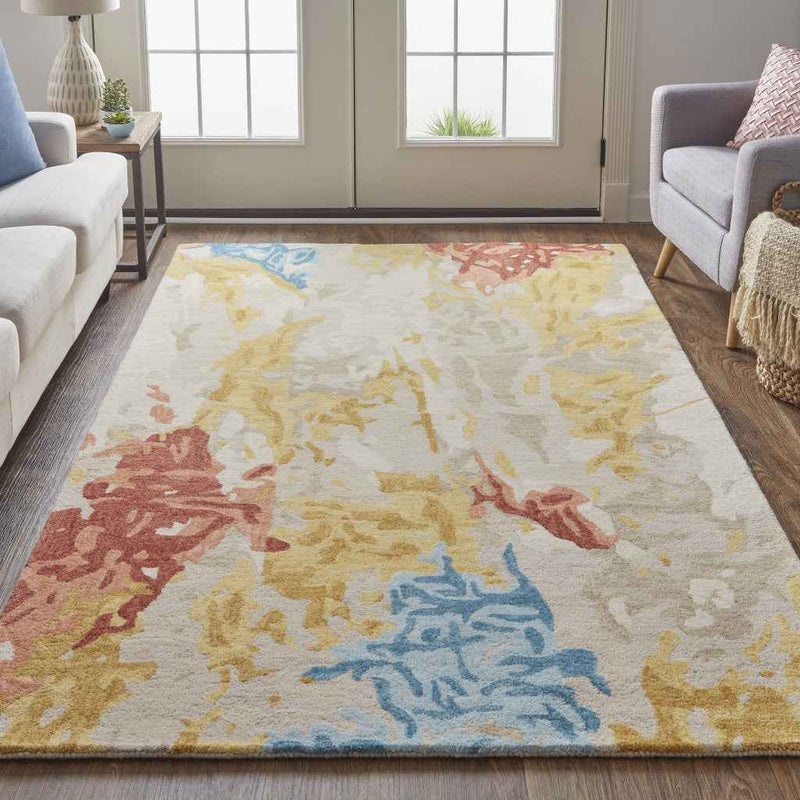9' X 12' Ivory Yellow And Blue Wool Abstract Tufted Handmade Stain Resistant Area Rug