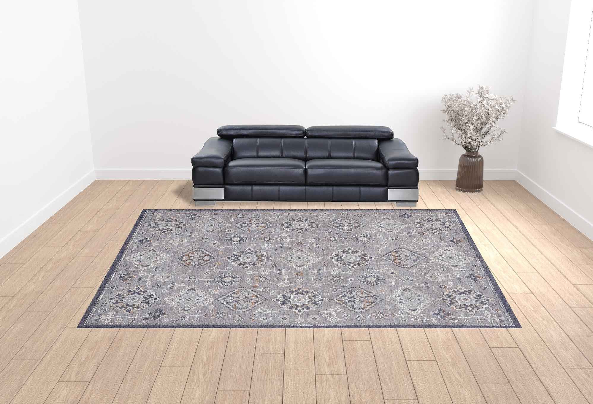 12' X 15' Gray Floral Power Loom Stain Resistant Area Rug