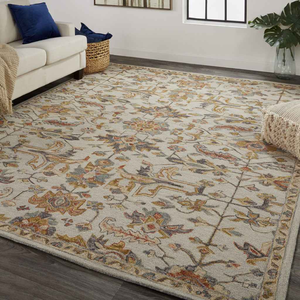 2' X 3' Gray And Gold Wool Floral Tufted Handmade Stain Resistant Area Rug