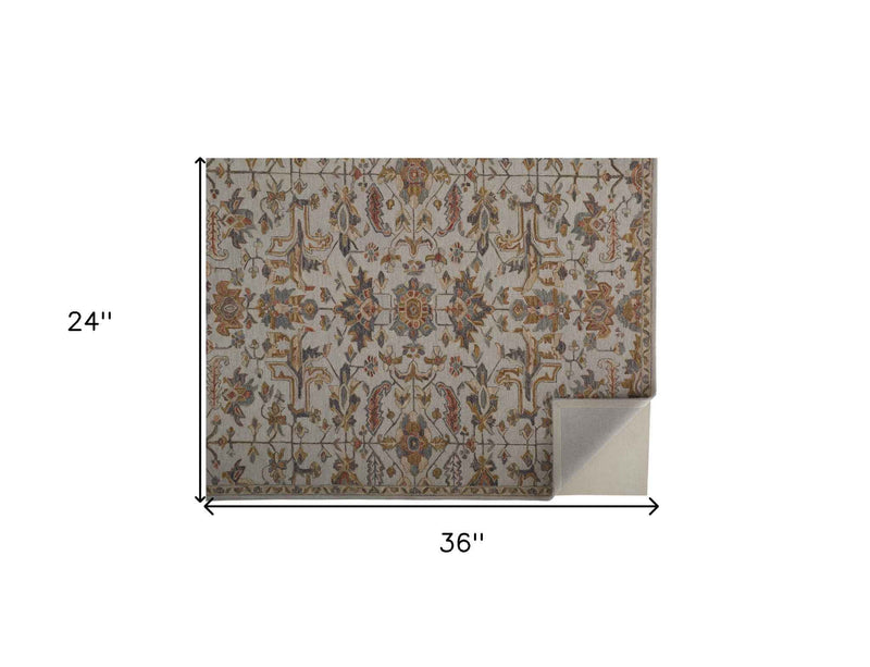 2' X 3' Gray And Gold Wool Floral Tufted Handmade Stain Resistant Area Rug