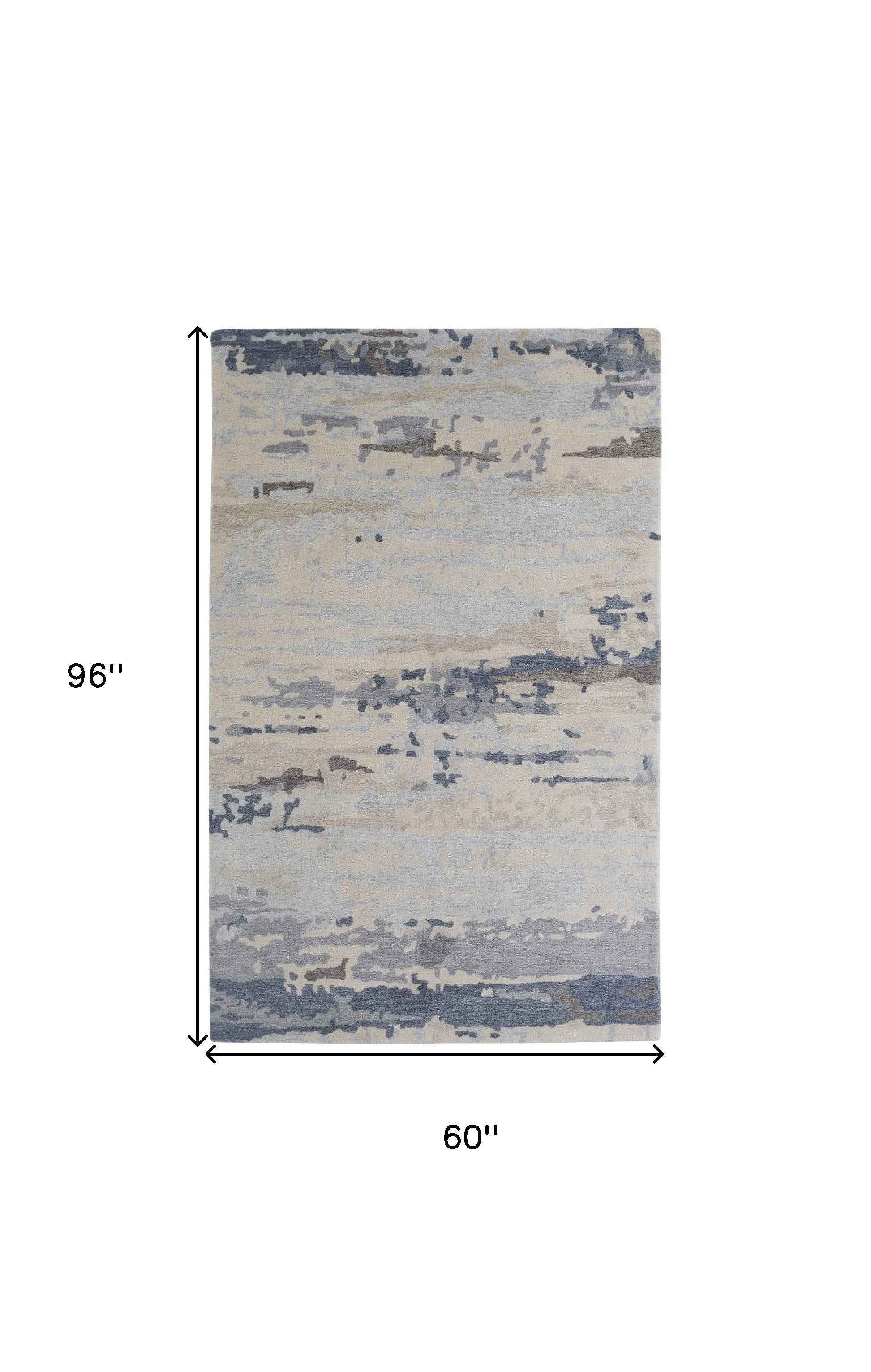 5' X 8' Blue Gray And Ivory Wool Abstract Tufted Handmade Stain Resistant Area Rug