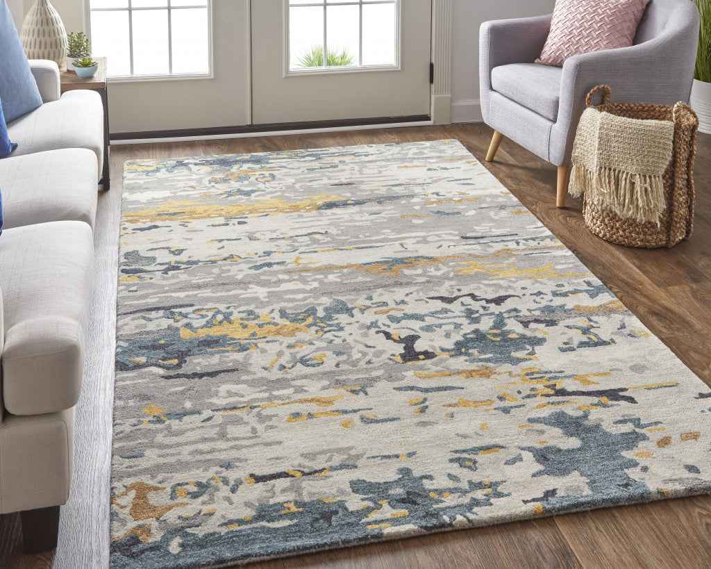 2' X 3' Gray Yellow And Blue Wool Abstract Tufted Handmade Stain Resistant Area Rug