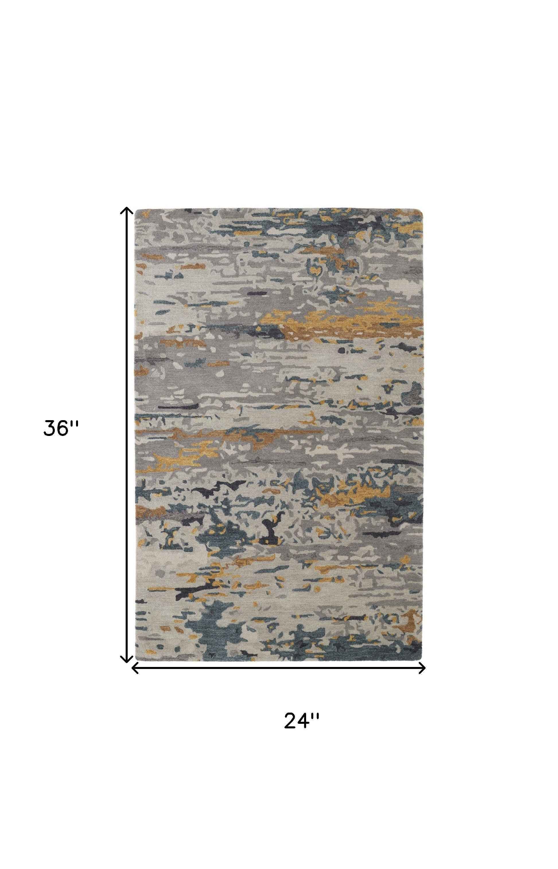 2' X 3' Gray Yellow And Blue Wool Abstract Tufted Handmade Stain Resistant Area Rug