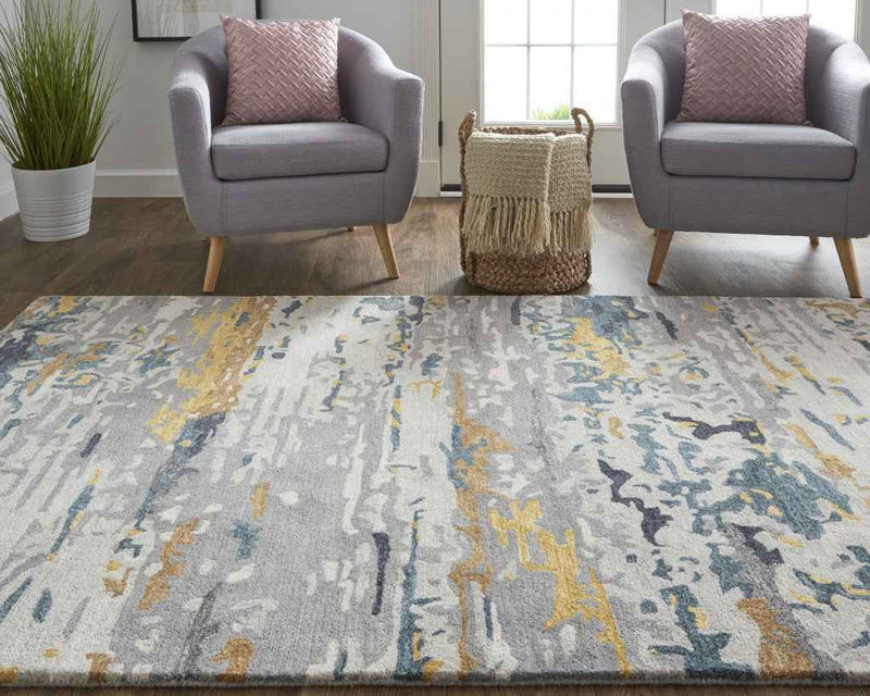 2' X 3' Gray Yellow And Blue Wool Abstract Tufted Handmade Stain Resistant Area Rug