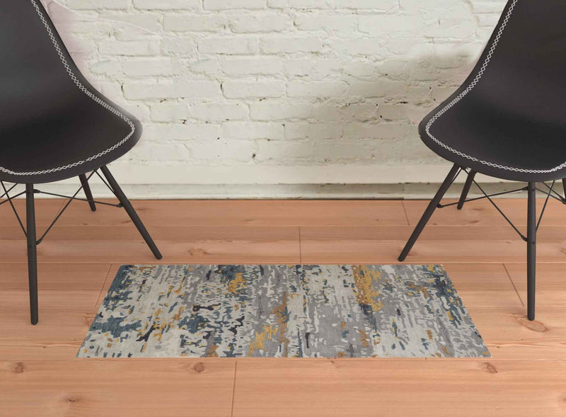 2' X 3' Gray Yellow And Blue Wool Abstract Tufted Handmade Stain Resistant Area Rug