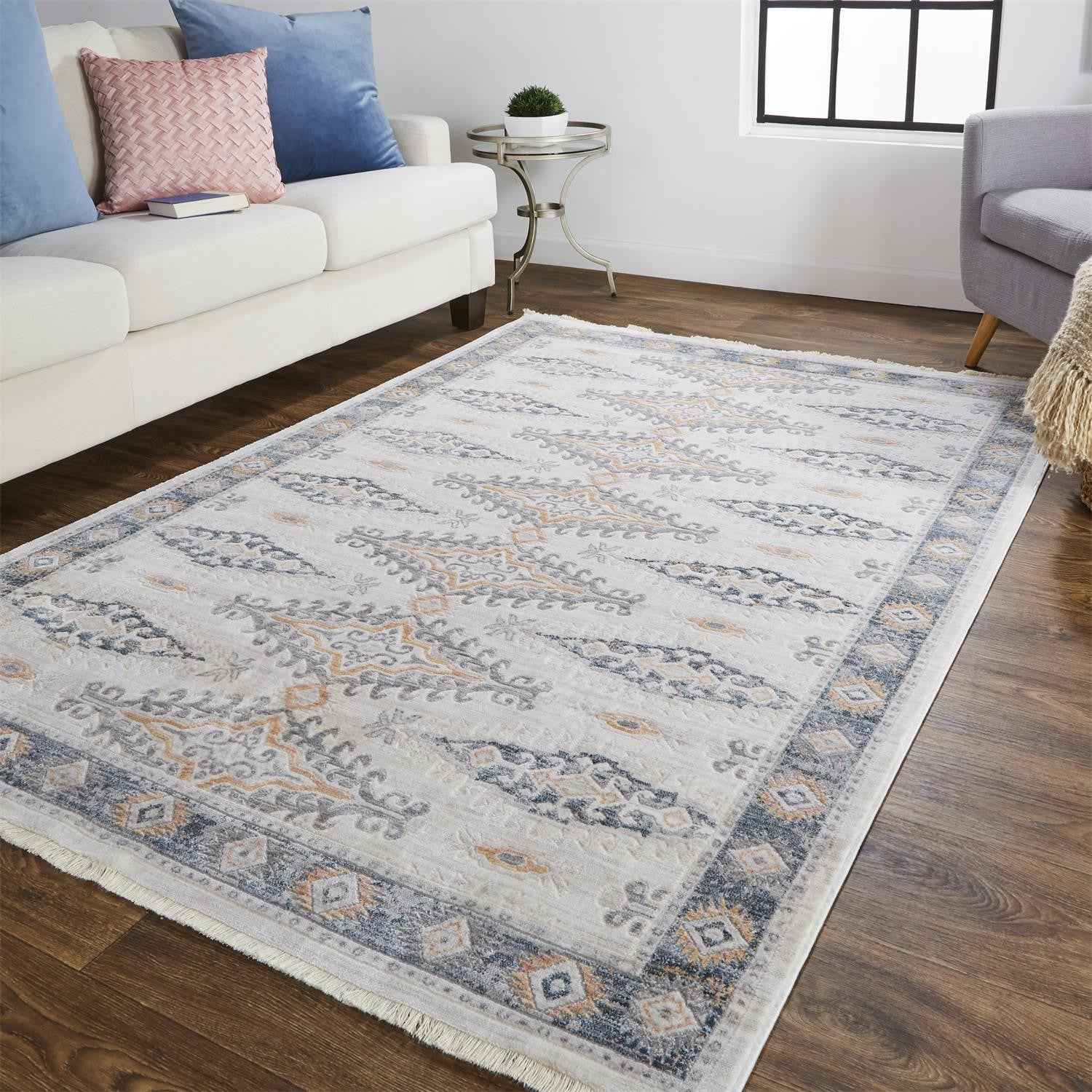 4' X 6' Gray Blue And Orange Floral Stain Resistant Area Rug