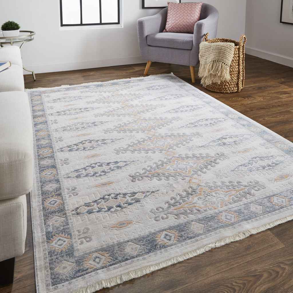 4' X 6' Gray Blue And Orange Floral Stain Resistant Area Rug