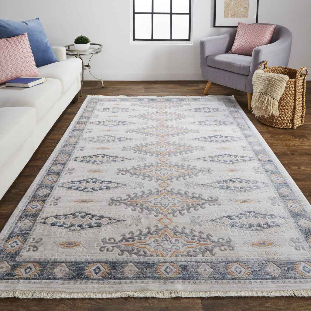 4' X 6' Gray Blue And Orange Floral Stain Resistant Area Rug