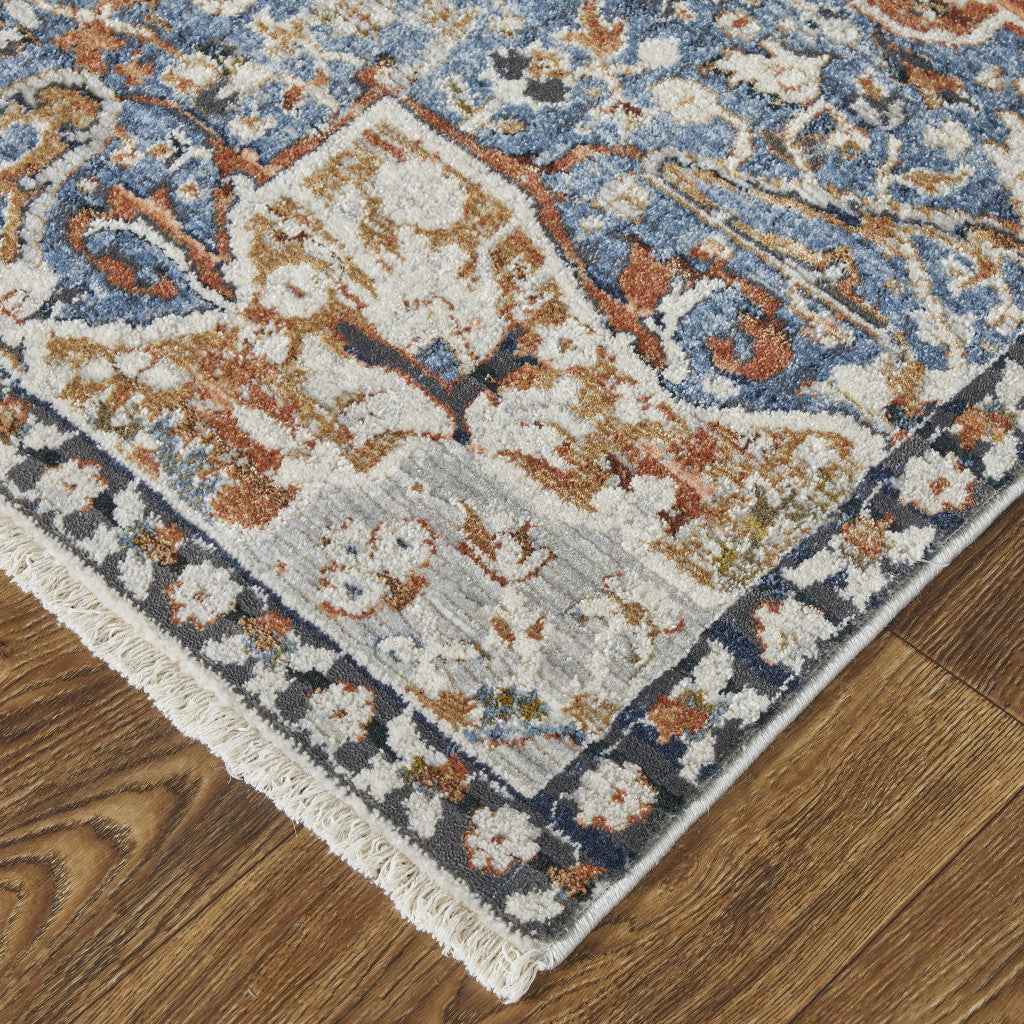 2' X 3' Orange Ivory And Blue Floral Power Loom Area Rug With Fringe
