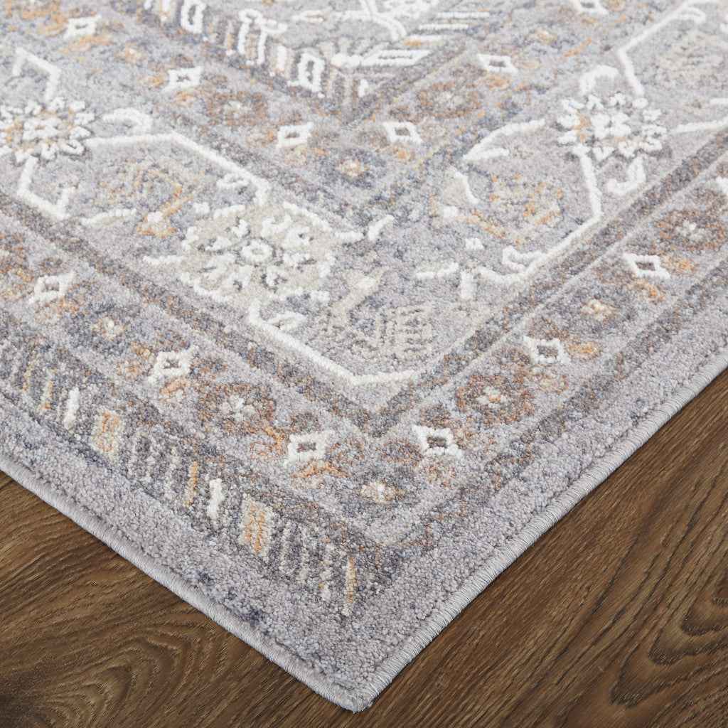 12' X 15' Gray Orange And Ivory Floral Power Loom Stain Resistant Area Rug