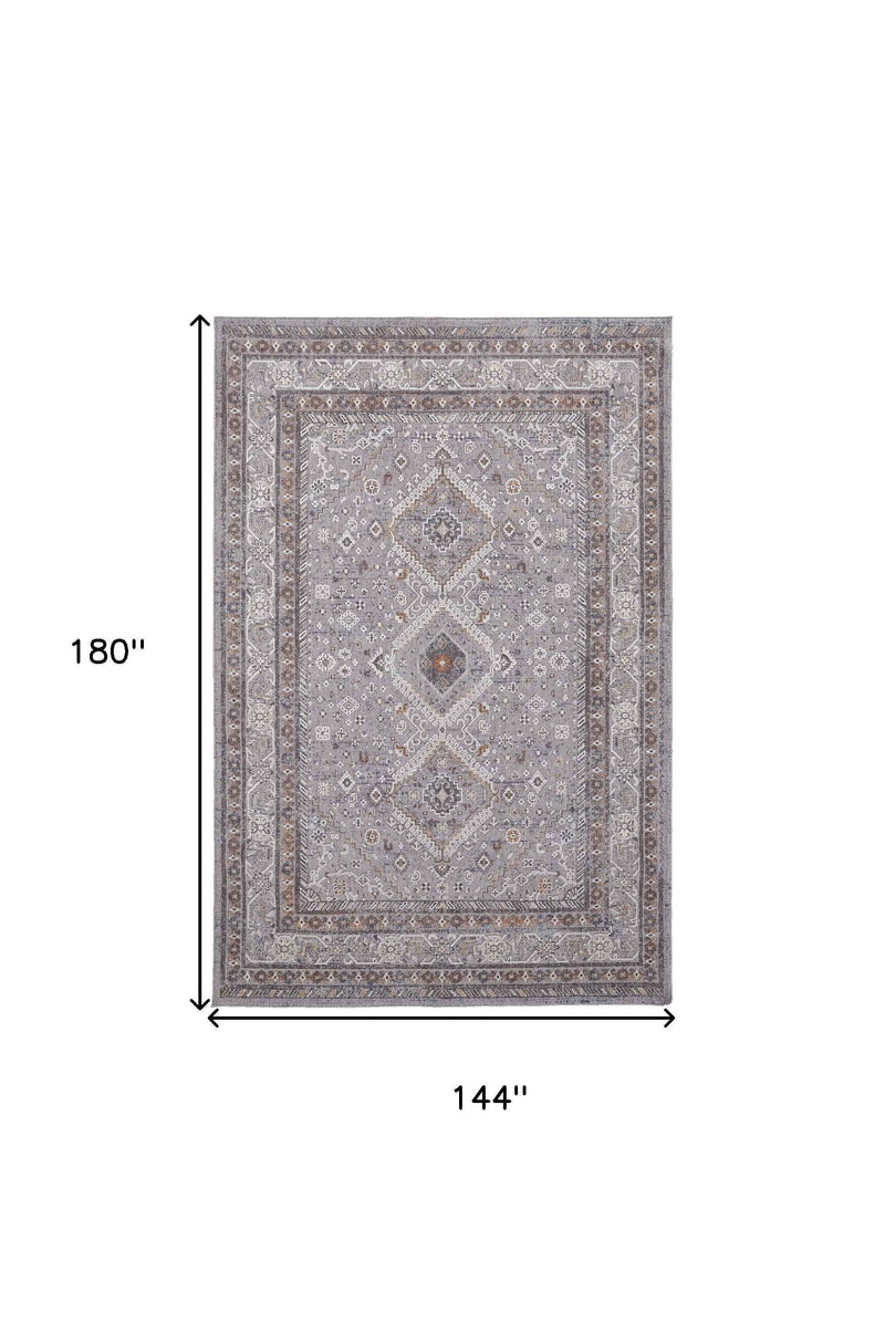 12' X 15' Gray Orange And Ivory Floral Power Loom Stain Resistant Area Rug