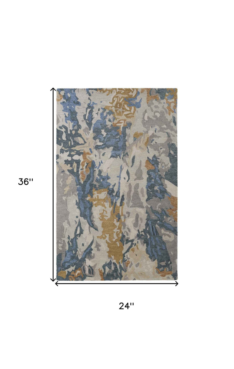 2' X 3' Gray Blue And Gold Wool Abstract Tufted Handmade Stain Resistant Area Rug