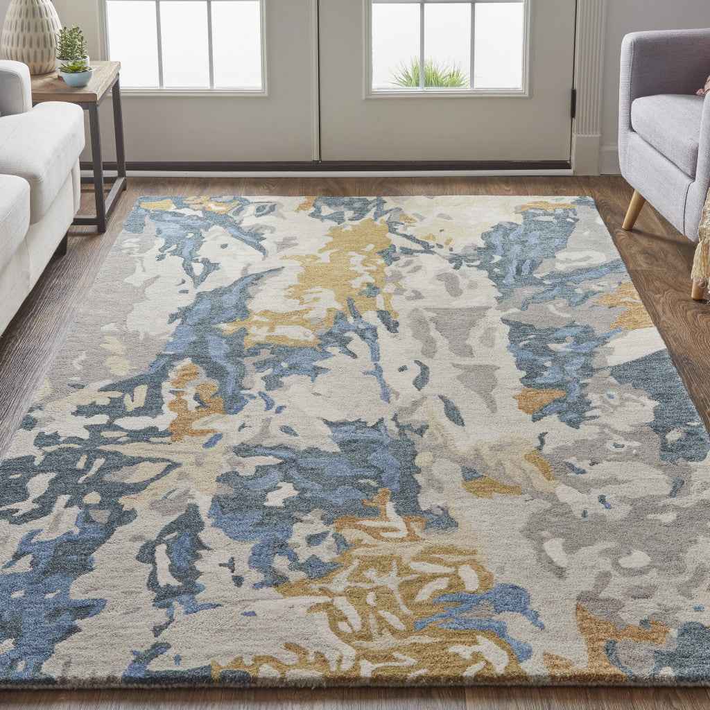 2' X 3' Gray Blue And Gold Wool Abstract Tufted Handmade Stain Resistant Area Rug
