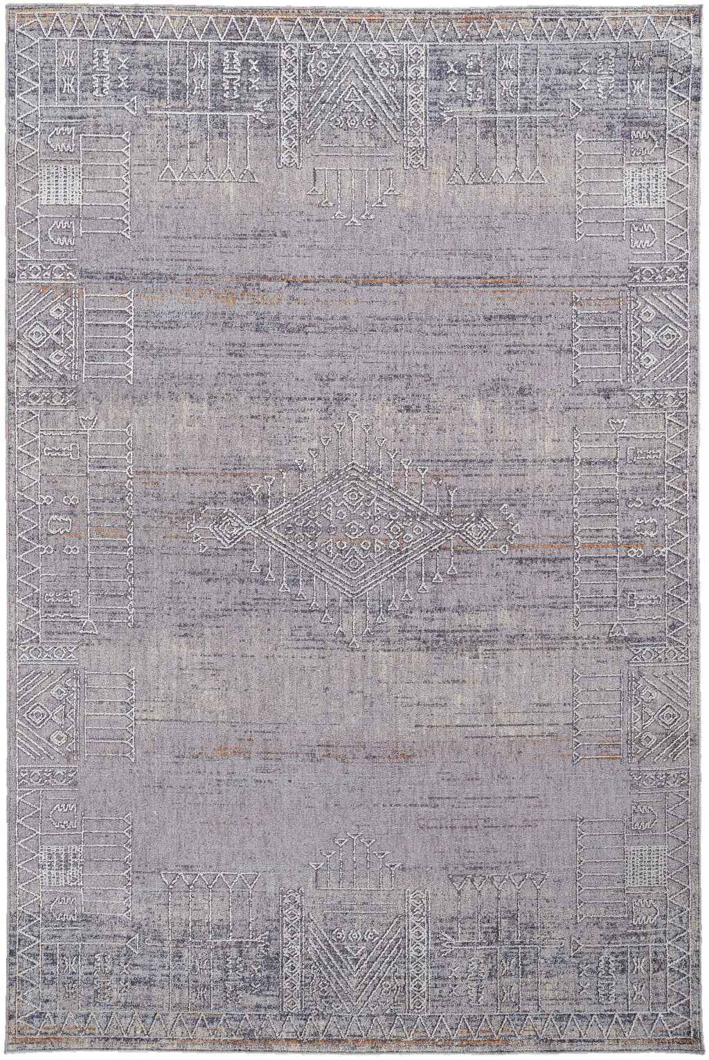 12' X 15' Gray Ivory And Orange Geometric Power Loom Distressed Stain Resistant Area Rug