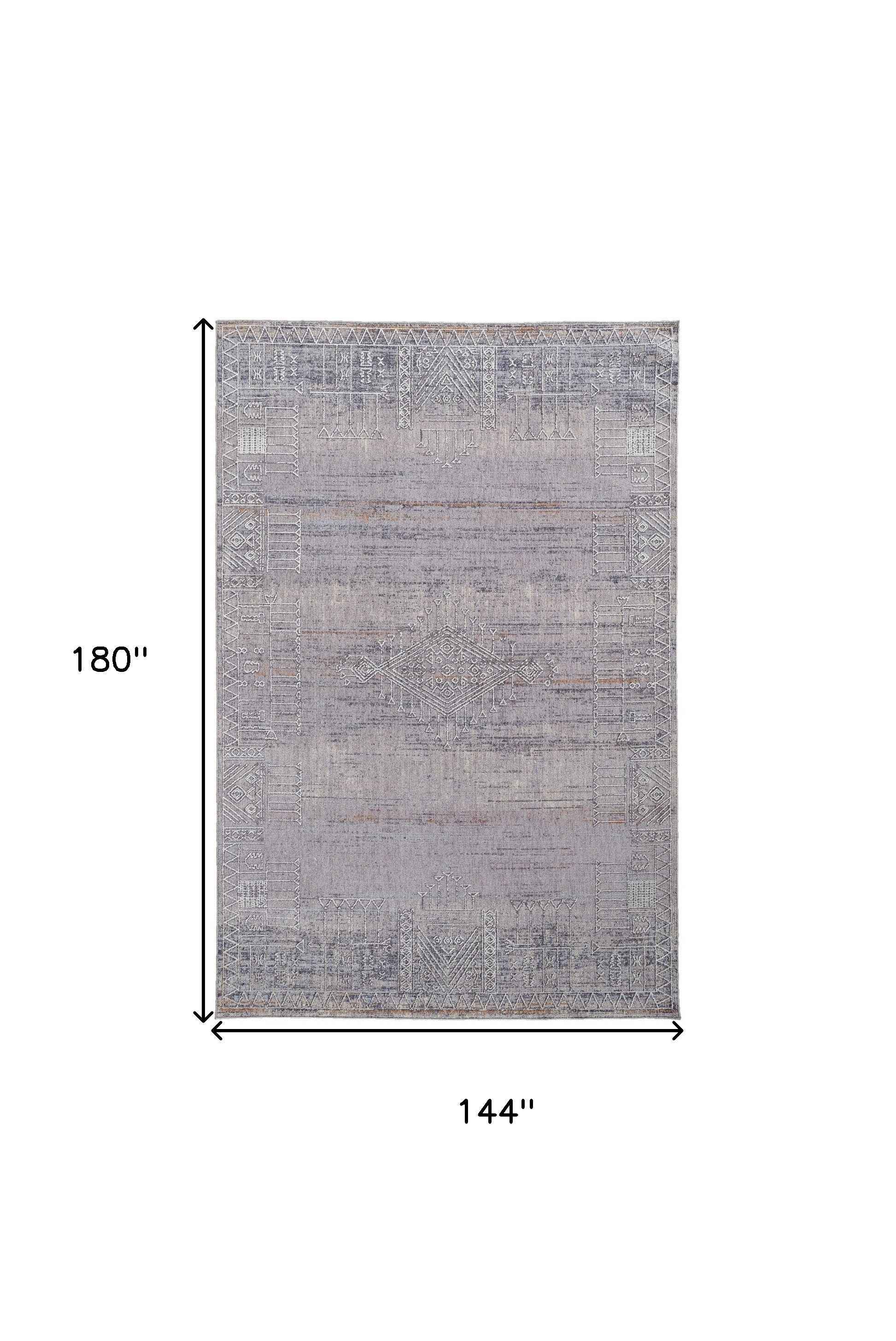 12' X 15' Gray Ivory And Orange Geometric Power Loom Distressed Stain Resistant Area Rug