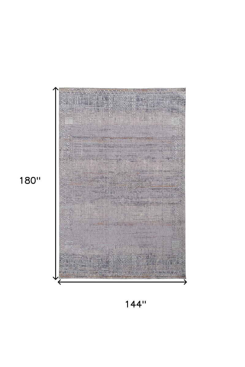 12' X 15' Gray Ivory And Orange Geometric Power Loom Distressed Stain Resistant Area Rug