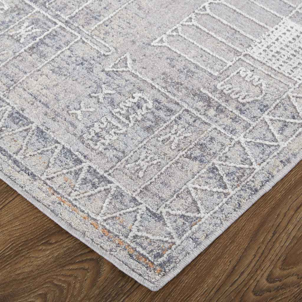12' X 15' Gray Ivory And Orange Geometric Power Loom Distressed Stain Resistant Area Rug