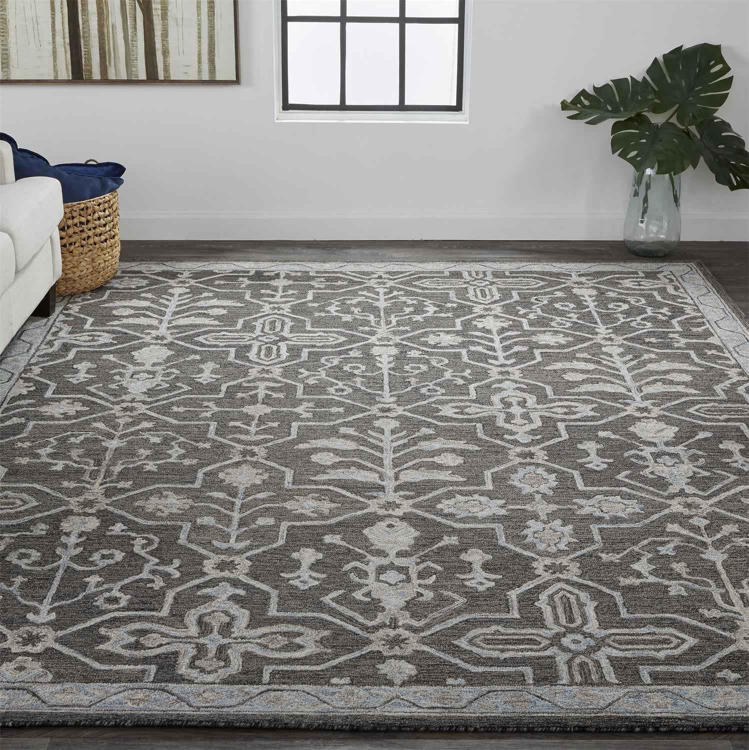 2' X 3' Gray Blue And Ivory Wool Floral Tufted Handmade Stain Resistant Area Rug