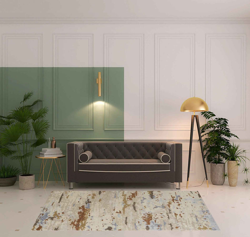 5' X 8' Ivory Blue And Brown Wool Abstract Tufted Handmade Stain Resistant Area Rug