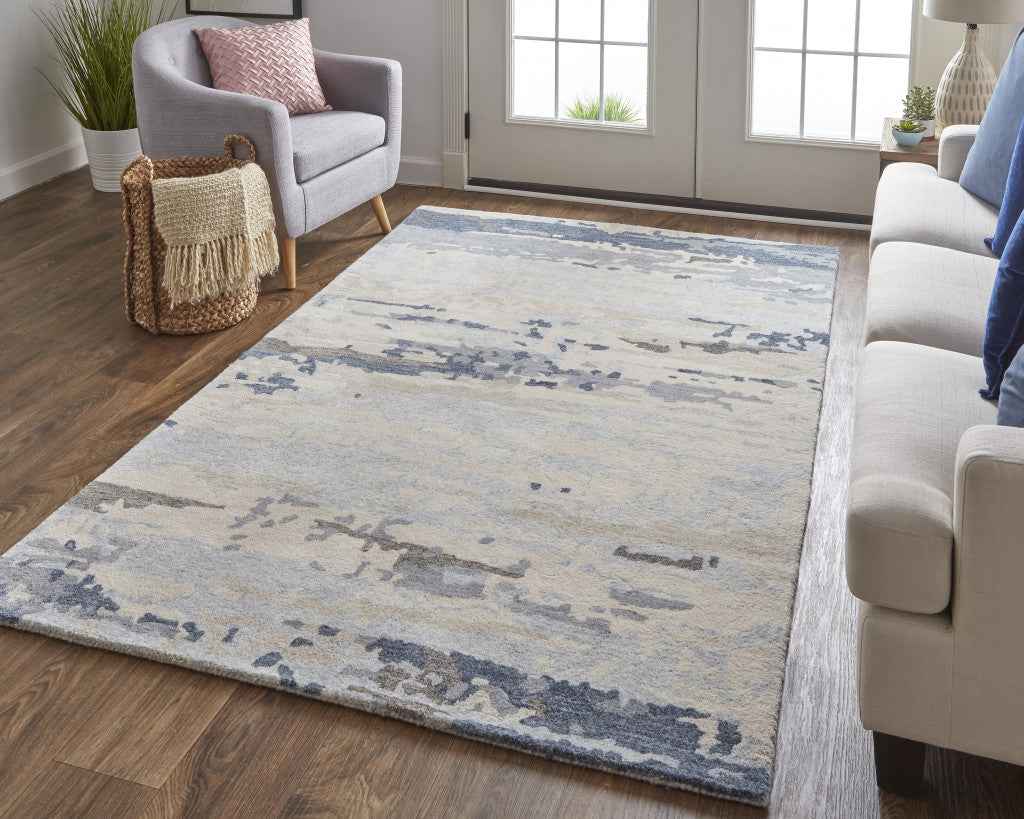 4' X 6' Blue Gray And Ivory Wool Abstract Tufted Handmade Stain Resistant Area Rug