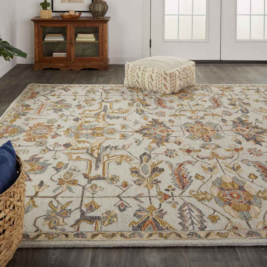 5' X 8' Gray And Gold Wool Floral Tufted Handmade Stain Resistant Area Rug