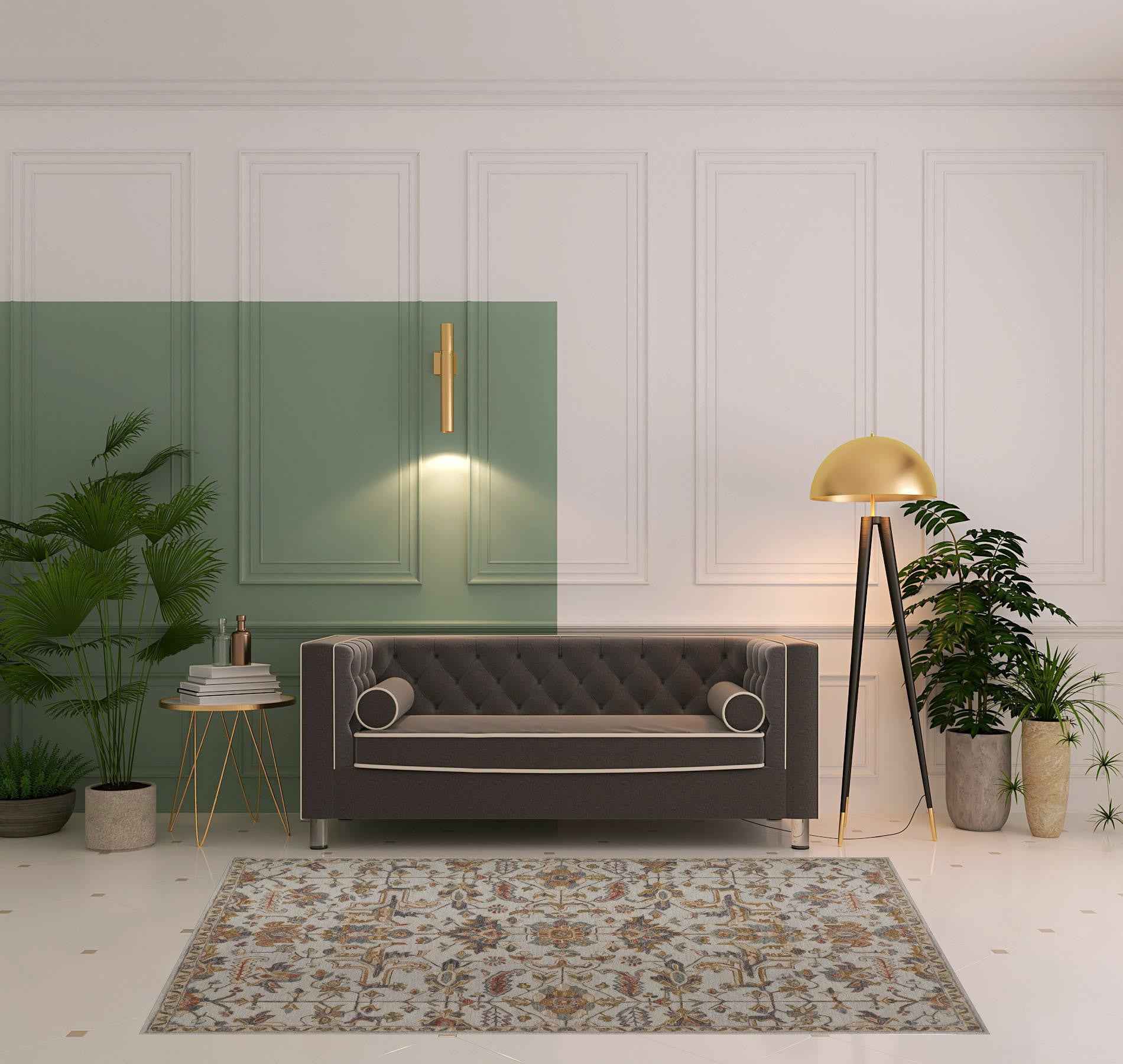 5' X 8' Gray And Gold Wool Floral Tufted Handmade Stain Resistant Area Rug