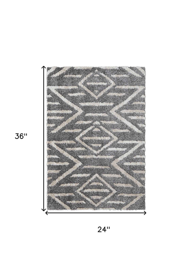2' X 3' Gray And Ivory Geometric Power Loom Stain Resistant Area Rug
